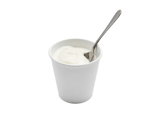 Isolated creamy white yogurt cup with a sleek silver spoon offering a healthy and delicious snack option for breakfast or a light dessert treat