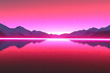 Vibrant pink sunset over snowy mountains reflecting in a calm lake  A surreal landscape with a vibrant pink sky and a glowing pink lake Snow-capped mountains, a peaceful scene, serene reflection