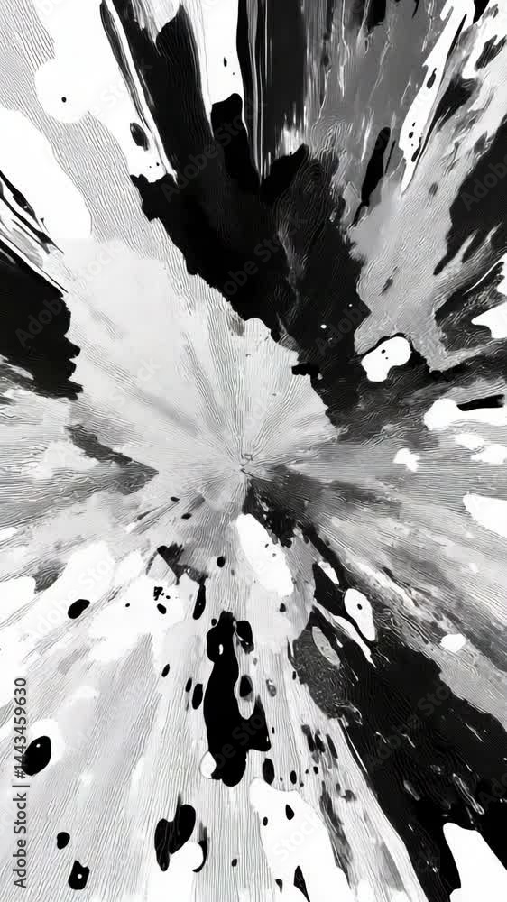 Poster dynamic burst of black and white paint splatters creating a textured abstract design with radial sym