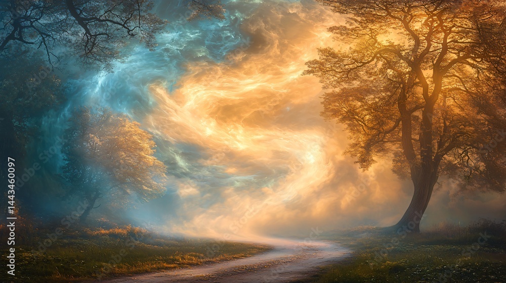 Poster tranquil pathway through a serene forest with soft light diffusing through trees creating a dreamlik