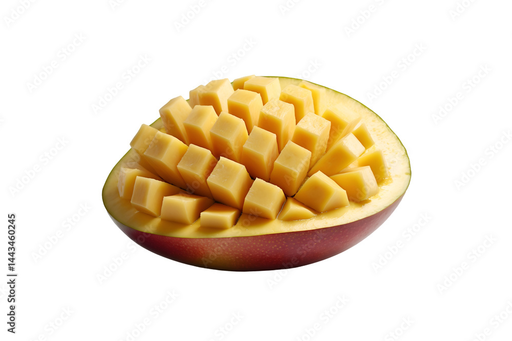 Poster isolated mango half meticulously cut with a distinctive cube pattern showcasing its vibrant yellow f