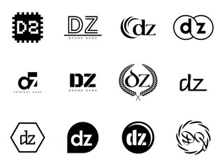 DZ logo company template. Letter d and z logotype. Set different classic serif lettering and modern bold text with design elements. Initial font typography.