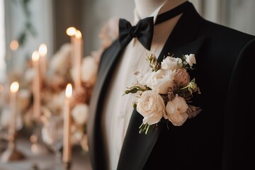 Elegant wedding attire with white floral boutonniere in soft lighting setting at a romantic venue