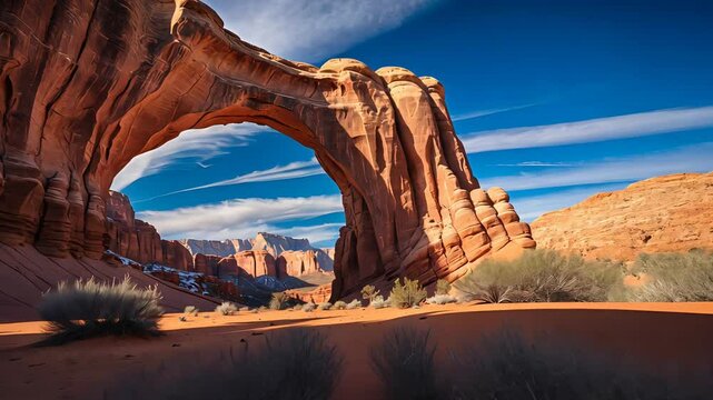 Large sandstone arch formation under bright blue sky in remote desert landscape