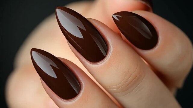Elegantly styled brown nail design showcasing sharp almond shapes with a glossy finish for nail art enthusiasts