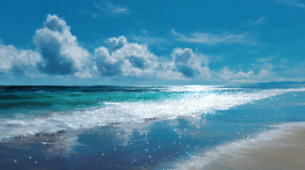 Serene beach scene with azure ocean meeting soft sand, under a vibrant blue sky with fluffy white clouds.