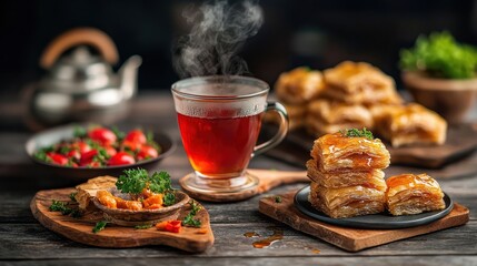 Tea and sweet pastries on rustic wooden table