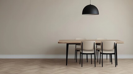 Minimalist dining room setup showcasing a wooden table, four chairs, pendant light, and herringbone pattern flooring in a serene ambiance.