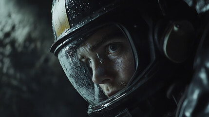 A person in a space suit with a reflective visor, set against a dark, possibly extraterrestrial background