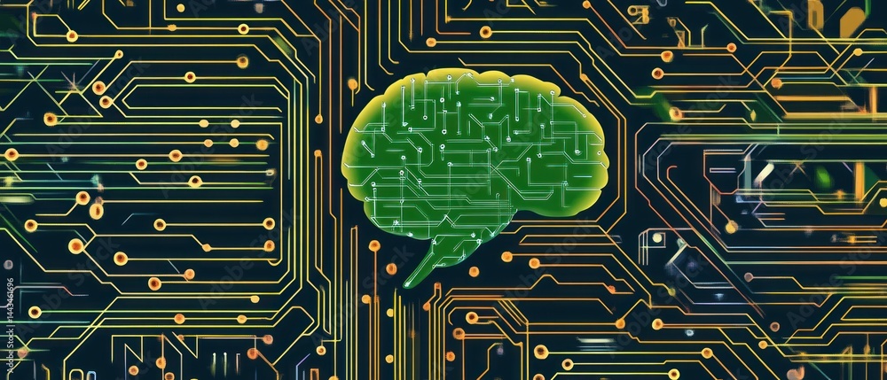 Aufkleber the brain circuitry: a digital depiction of the human brain overlaid on a circuit board, symbolizing