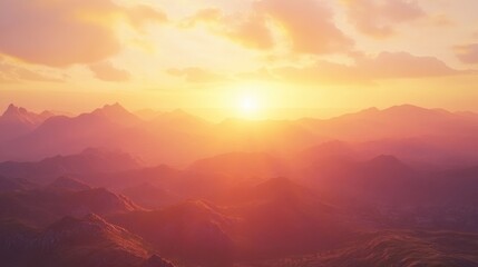 Fototapeta premium A tranquil sunrise casts light over mountains featuring a cross silhouette that represents peace and hope within the beauty of nature
