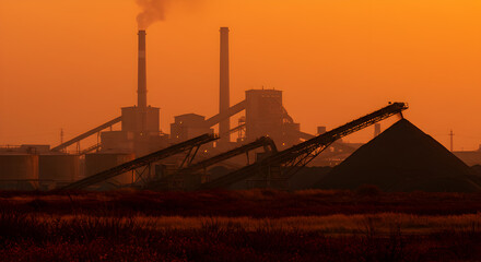 Fototapeta premium Industrial Plant Silhouette Against Orange Sunset Sky with Conveyor Belts and Distant Chimneys