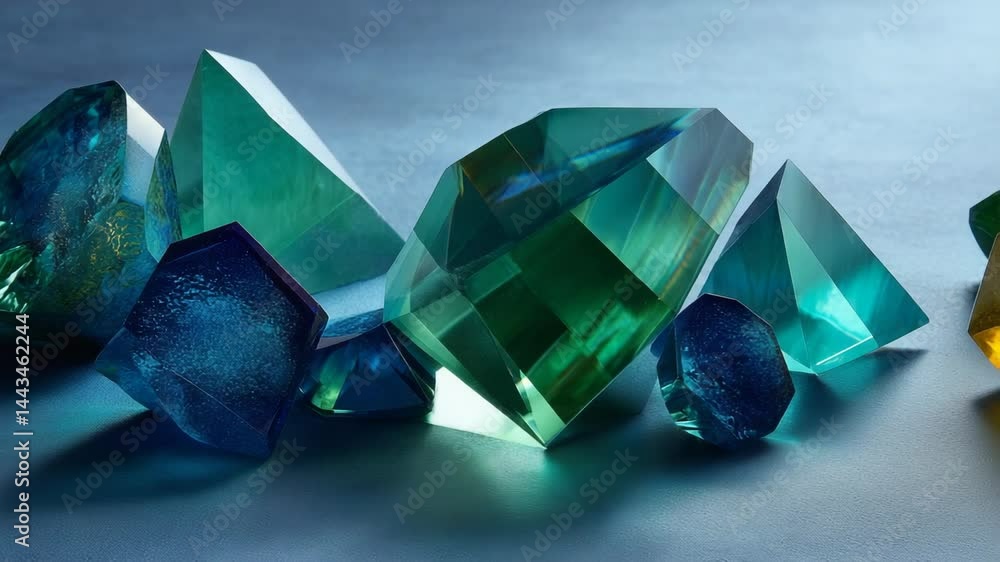 Poster assorted colorful gems and crystals arranged on a blue gradient background, creating a visually appe