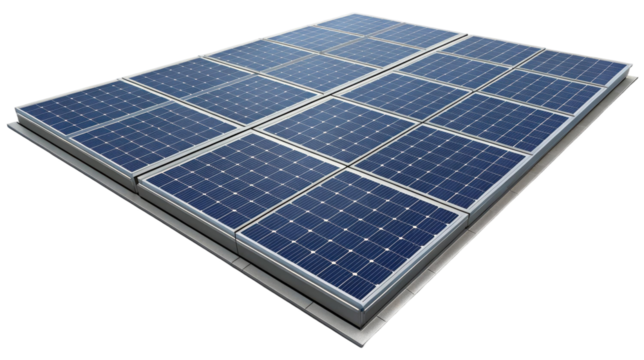 Array of solar panels for renewable energy generation on a flat surface for clean electricity