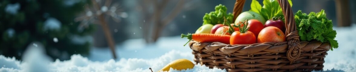 Santa's winter vegetable basket, overflowing with colorful seasonal produce , gifts, background