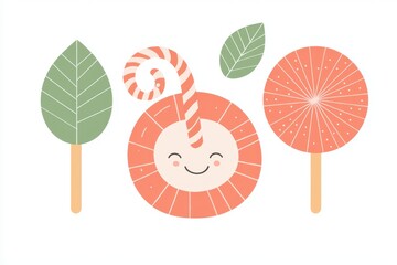 Playful Candy Character with Leaves and Lollipops in Soft Colors