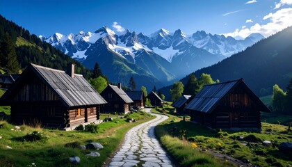 Obraz premium Un paisaje sereno se despliega a medida que un sinuoso camino de piedra serpentea a través de un pintoresco bosque.