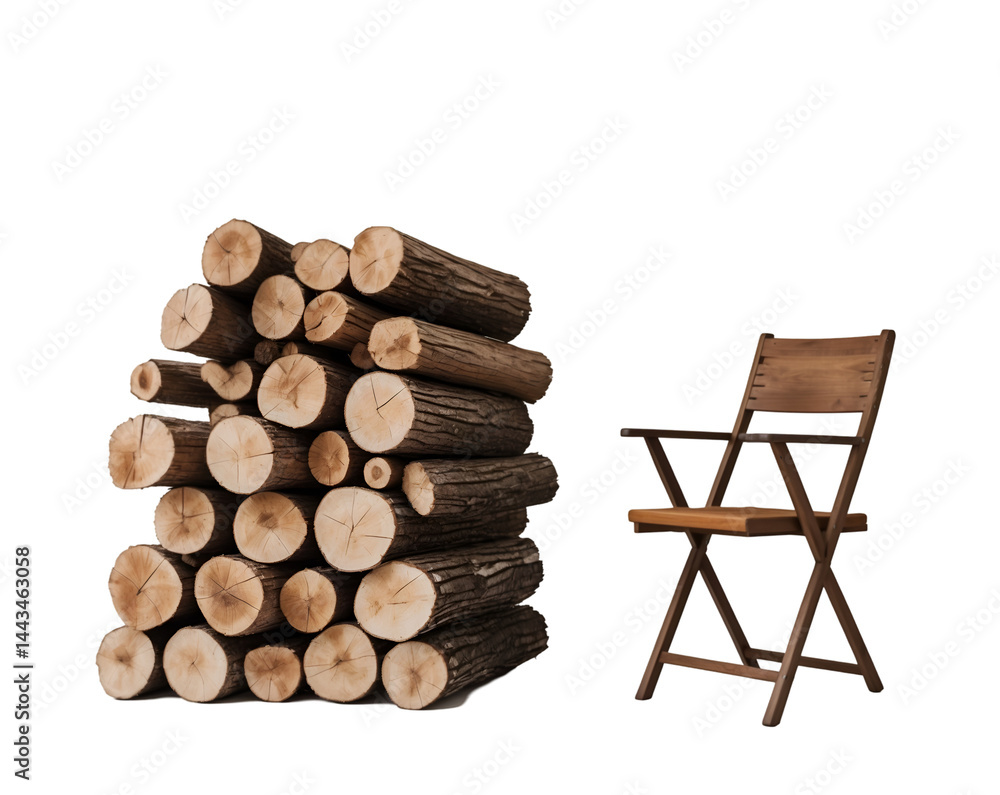 Poster isolated stack of logs with rustic folding chair evokes calm and simplicity a visual story of nature