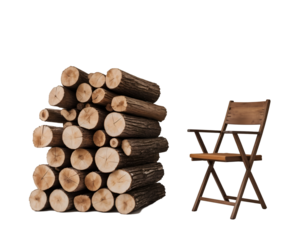 Isolated Stack of Logs with Rustic Folding Chair Evokes Calm and Simplicity a Visual Story of Nature's Beauty and Comfortable Relaxation