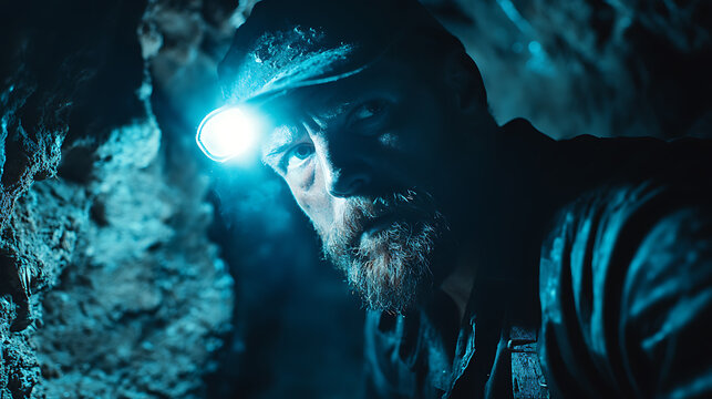 Man with Headlamp Exploring a Cave
