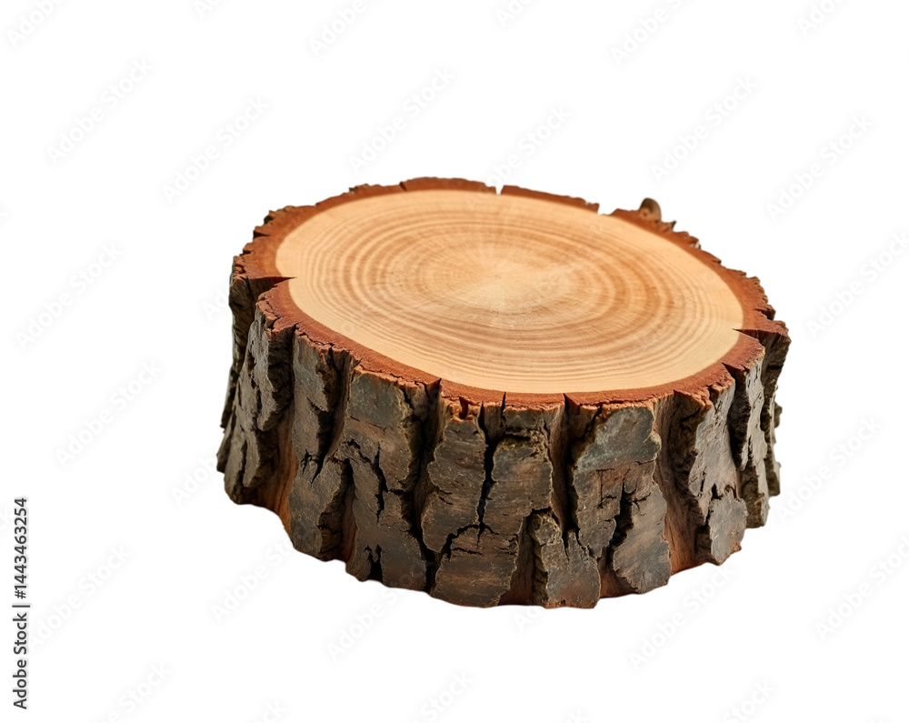 Poster isolated stump of freshly cut tree trunk showcasing wood grain and bark texture against a clean plai