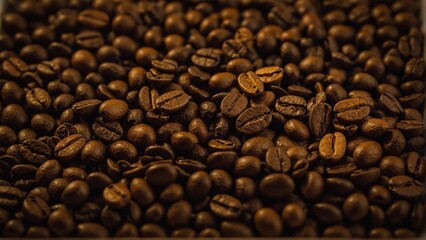 Fototapeta premium Aromatic Harmony: A Close-Up View of Rich, Roasted Coffee Beans, Promising Warmth and Invigoration in Every Single Brew