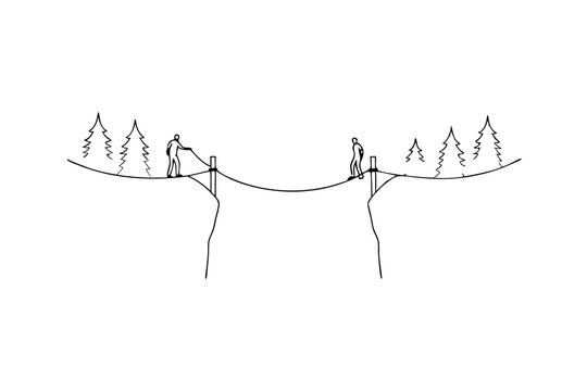 Hand drawn illustration of two figures crossing a chasm on a rope bridge