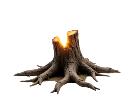 Isolated tree stump with a unique split glows warmly suggesting resilience, renewal, or inner strength against a stark yet minimalist backdrop