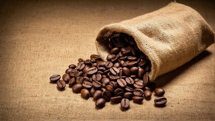 Rich Aroma: Roasted Coffee Beans Spilling from a Rustic Burlap Sack on a Textured Background, Evoking Warmth and Natural Goodness.