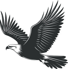 A black silhouette vector illustration shows an eagle, a wild bird with wings, flying freely in nature
