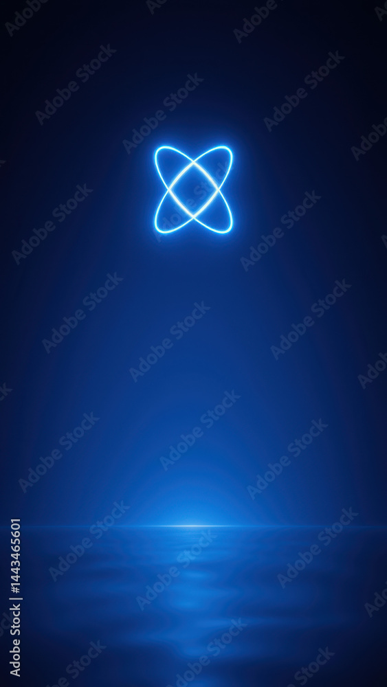 Poster a visual representation of an atomic structure with a glowing blue nucleus and orbitals on a dark ba