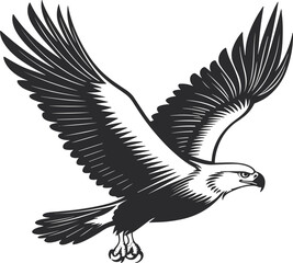 A black silhouette vector illustration shows an eagle, a wild bird with wings, flying freely in nature