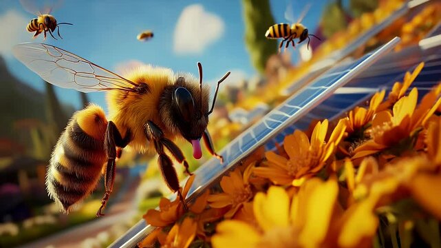 Honeybee on solar panel and flowers