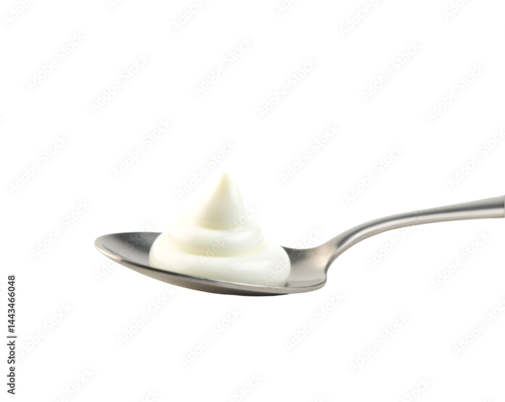 Poster macro photograph of a solitary stack of white cream on a spoon, emphasizing texture and purity with 
