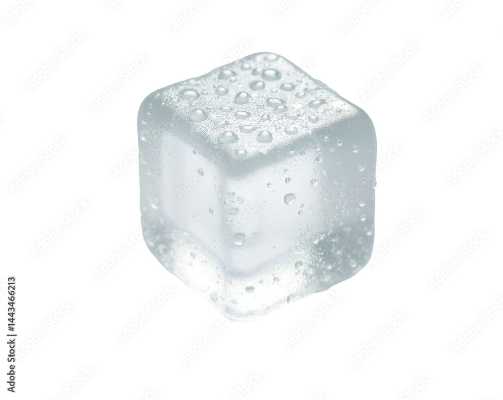 Poster macro view of a refreshing ice cube with condensation, a chilled beverage ingredient and a symbol of