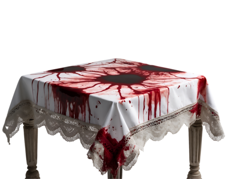 Macabre Table Setting, Bloodstained Tablecloth with Lace Trim Evokes Horror, Mystery and Unsettling Scene, Captures Haunting Atmosphere and Dark Narrative