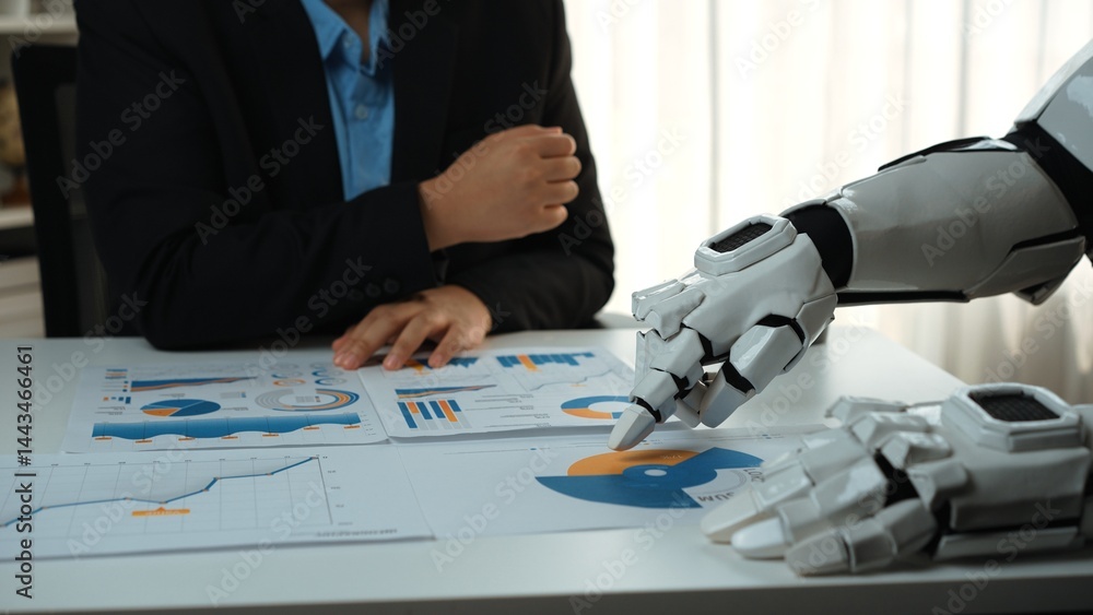 Poster a fascinating scene showing a human and a robotic hand engaged in a business meeting, analyzing data