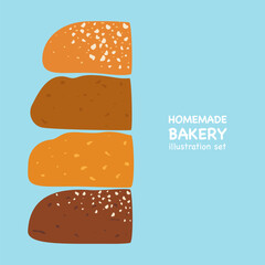 Bakery and fresh pastries set. Collection of homemade breads, fresh french bread slices, baguettes, assortment. Bakery and shop. Flat design vector illustration elements. Isolated. White background.