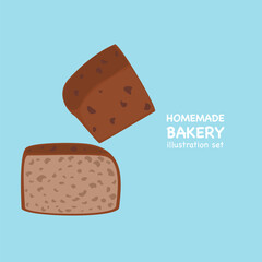 Bakery and fresh pastries set. Collection of homemade breads, fresh french bread slices, baguettes, assortment. Bakery and shop. Flat design vector illustration elements. Isolated. White background.
