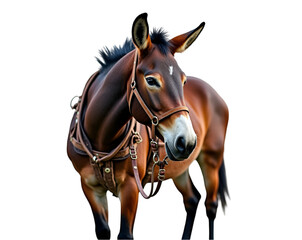 Magnificent Mule Portrait, A Highly Detailed Large Format Photograph of a Majestic Mule with Intricate Harness Details and Elegant Features Displayed