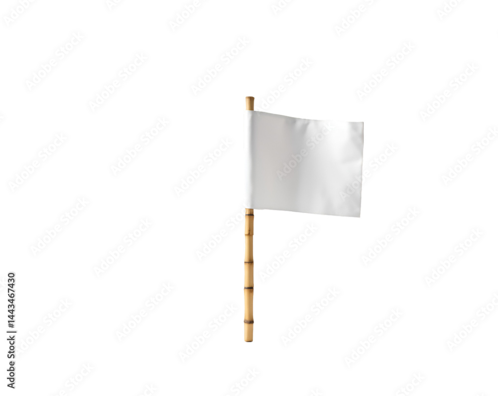 Poster minimalist banner, a crisp white rectangular flag on a bamboo pole symbolizing purity simplicity and