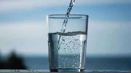 Refreshing Hydration: A Crystal-Clear Glass Filling with Cool Water Against a Tranquil Blue Background.