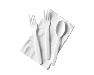 Minimalist composition featuring disposable cutlery arranged on a pristine napkin against a stark presentation, highlighting simplicity and convenience