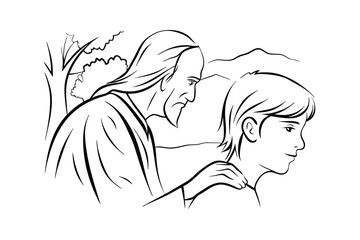 Comforting hand drawn illustration of a man placing hand on boys shoulder