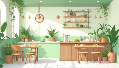 Obraz premium Cozy Green Cafe: A sun-drenched cafe, enveloped in the tranquility of nature, adorned with verdant plants, creating an inviting ambiance for relaxation and enjoyment.