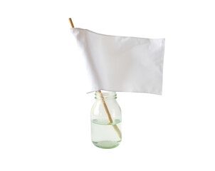 Minimalist Still Life, A Pristine White Flag Emerging from a Glass Bottle, Representing Surrender, Simplicity, or a Symbolic Gesture of Peace in Modern Society