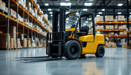 Yellow and black forklift centered in bright warehouse with shelves and boxes.

