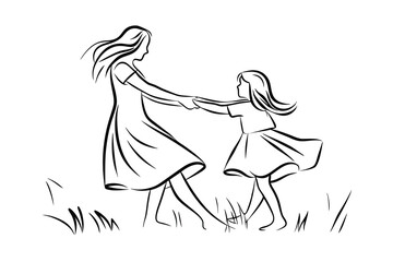 Elegant line art of mother and daughter dancing together in a field