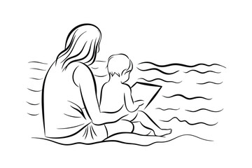 Minimalist line art of mother and child at beach with digital tablet