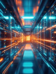 Futuristic Server Room with AI-Enhanced Processing, Data Flow Visualization with Light Trails through Advanced Servers